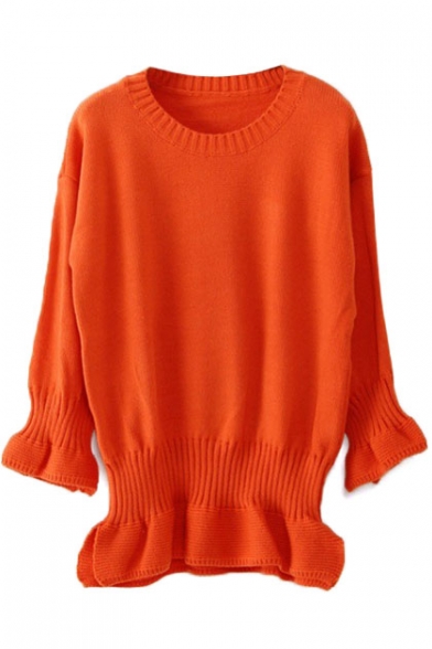 Orange Round Neck Long Sleeve Plain Sweater