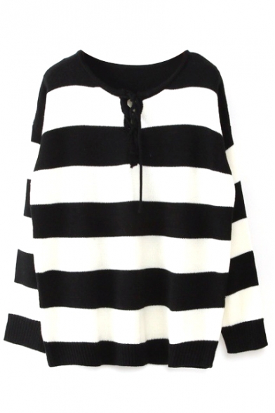 Round Neck Drawstring Front Stripes Long Sleeve Sweater