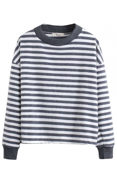 Round Neck Long Sleeve Stripes Pullover Tee