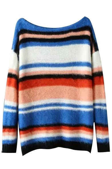 Boat Neck Colored Stripes Long Sleeve Fluffy Knit Sweater