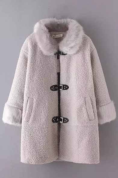 Fur Lapel PU Belt Button Lamb Wool 3/4 Length Sleeve Coat
