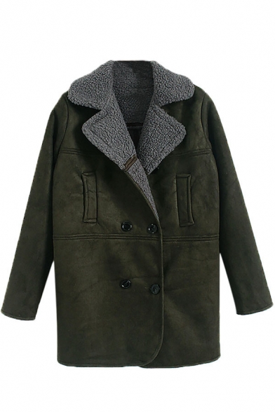 Notched Lapel Long Sleeve Double Breasted Dark Green Coat