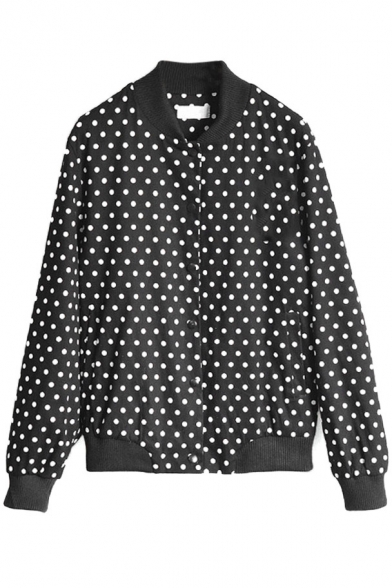 Polka Dot Stand Up Neck Long Sleeve Single Breasted Jacket