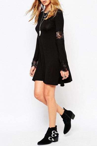 Round Neck Long Sleeve Lace Detail Black Dress