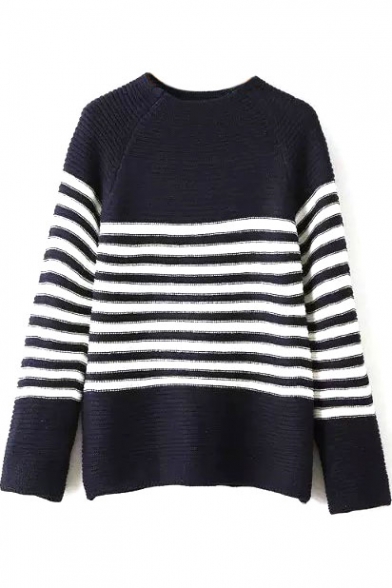 Round Neck Raglan Sleeve Stripe Trims Sweater