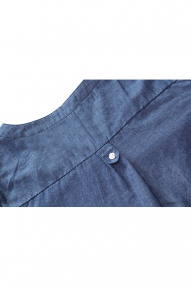 Button Detail V-Neck Long Sleeve Plain High Low Dress