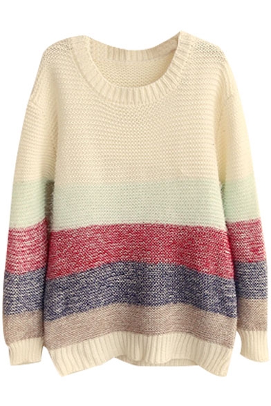 Color Block Round Neck Long Sleeve Stripes Sweater