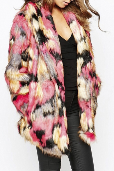 Colored Faux Fur Open Front Long Sleeve Lapel Coat