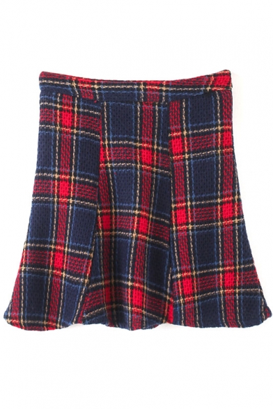 High Waist Plaid Zip Side Knit Ruffle Mini Skirt