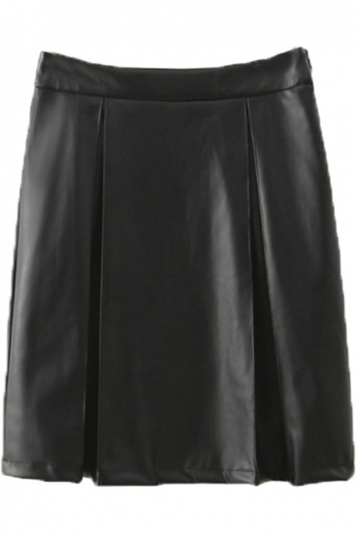 Plain High Waist Zip Side A-Line PU Midi Skirt