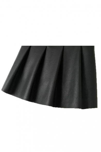 Plain Zip Side Velvet Plus Pleated PU A-Line Skirt