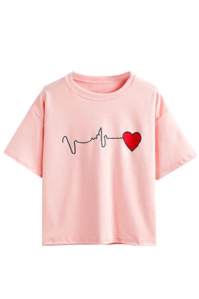 Round Neck Heart Beat Embroidery Short Sleeve Tee - Beautifulhalo.com
