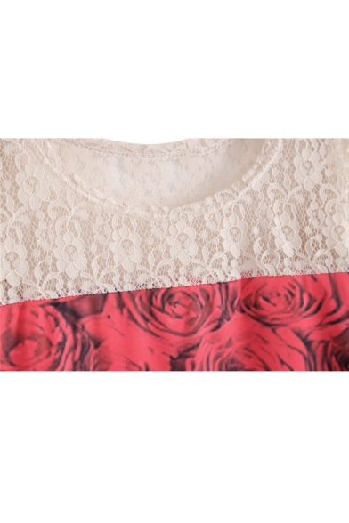 Round Neck Lace Patchwork Red Rose Print Long Sleeve Tee