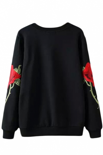 Round Neck Long Sleeve Rose Embroidery Black Sweatshirt - Beautifulhalo.com