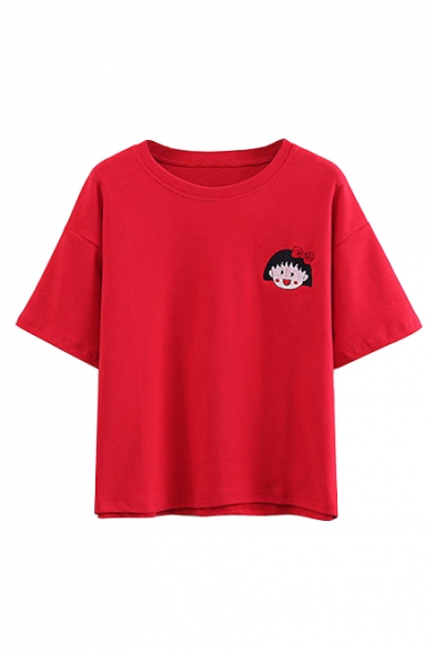 Round Neck Short Sleeve Cartoon Character Embroidery Tee ...