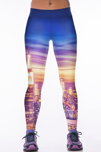 Sunset & City Print Elastic Waist Stretch Yoga Leggings