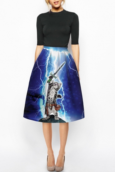 Sword Cat & Lightning Print Blue A-Line Midi Skirt
