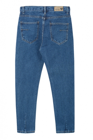 Zipper Fly Loose Tapered Plain High Waist Jeans