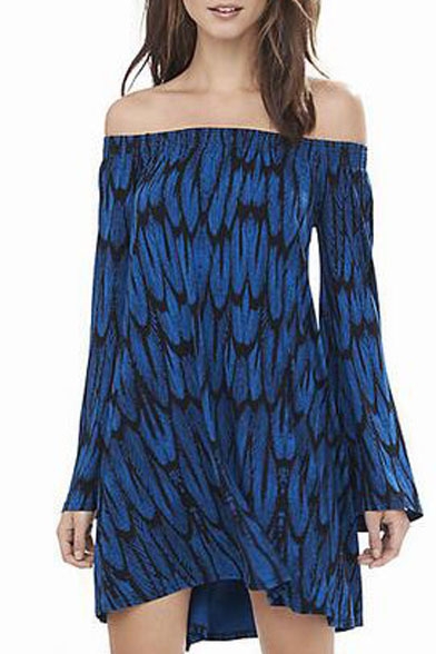 Blue Off The Shoulder Flared Sleeve Feather Print Dress