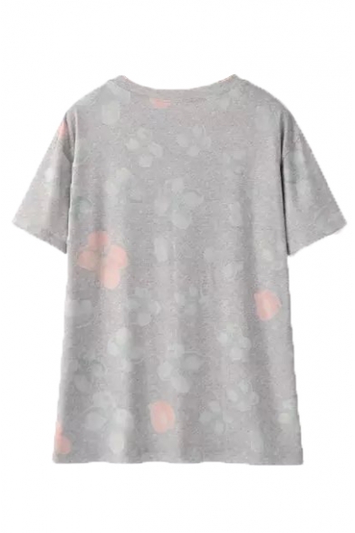 Floral & Letter Print Short Sleeve Round Neck Gray Tee