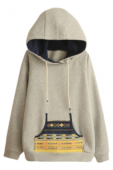 Hooded Geometric Embroidery Pocket Front Raglan Sleeve Sweatshirt
