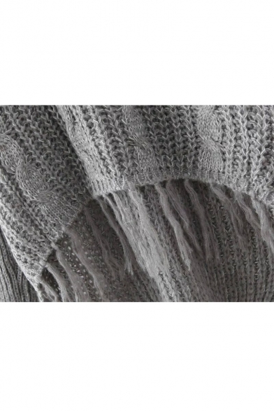 Plain V-Neck Cable Knit Tassel Hem Dip Hem Sweater
