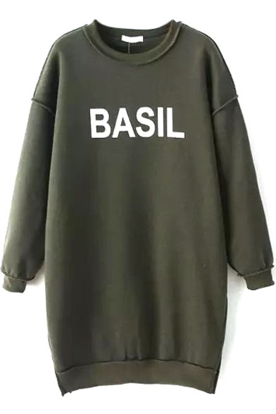 Round Neck Batwing Fleece Letter Print Split Side Tunic Sweatshirt