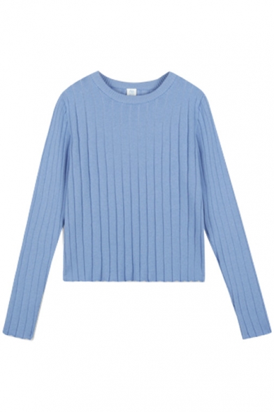 Round Neck Long Sleeve Plain Stripe Jacquard Slim Sweater