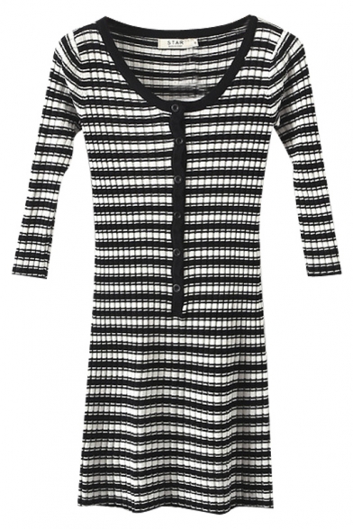 Scoop Neck 3/4 Length Sleeve Stripes Button Detail Knit Dress