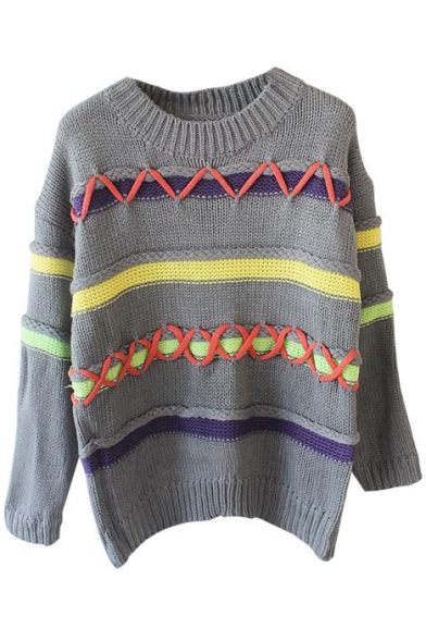 Stripes Color Block Cross Tie Front Long Sleeve Sweater