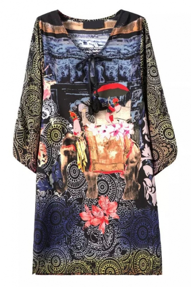 Tie Neck Elephant & Floral Print Long Sleeve Midi Dress