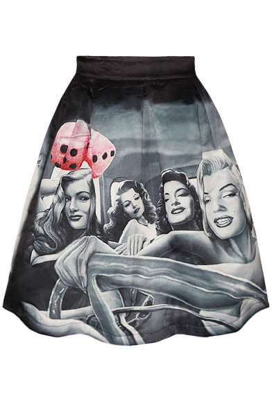 Black High Waist A-Line Beautiful Girls Print Skirt