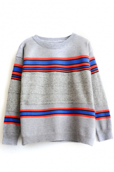 Color Block Stripe Trims Round Neck Pullover Sweater