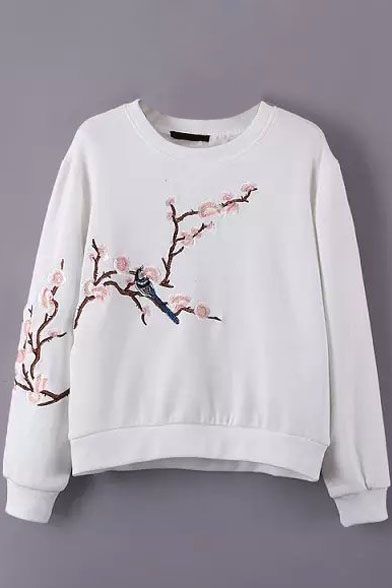 Floral & Bird Embroidery Long Sleeve Sweatshirt