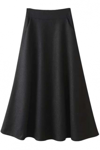 High Waist Tweed Plain Broomstick Double Pockets Skirt