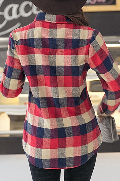 Plaid Long Sleeve Velvet Plus Lapel Pocket Detail Shirt