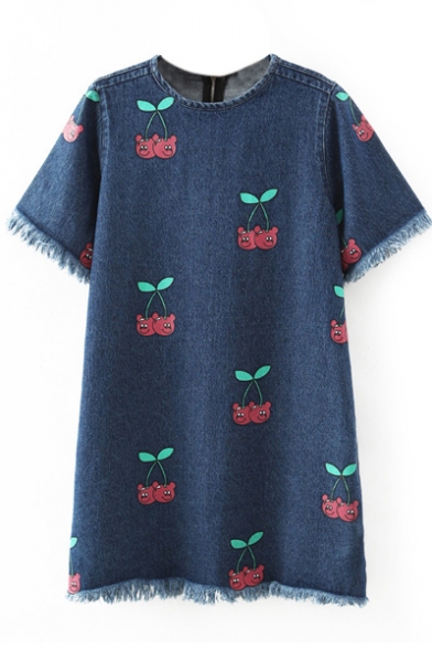 Round Neck Cherry Embroidery Short Sleeve Raw Edge Denim Dress