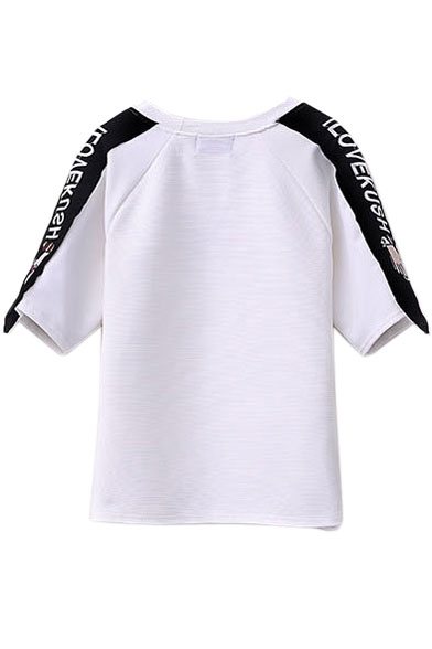 Round Neck Color Block Patchwork Letter Embroidery Tee