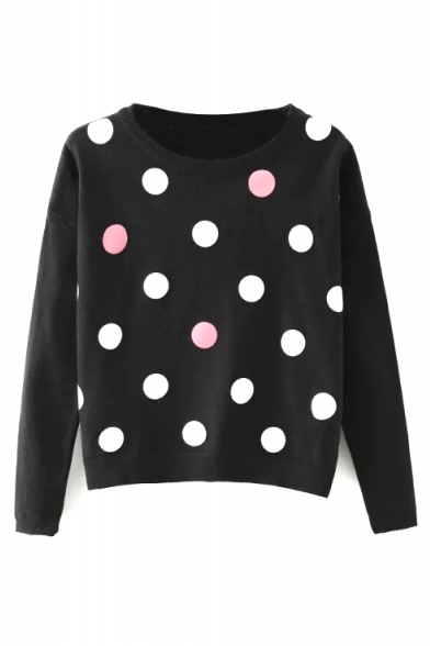 Round Neck Colored Polka Dot Long Sleeve Cropped Sweater