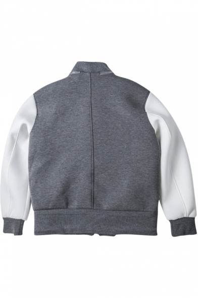 Zipper Stand Up Neck Color Block Gray Long Sleeve Bomber Jacket ...