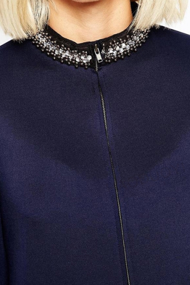 Beading Plain Zipper Long Sleeve Double Pockets Jacket