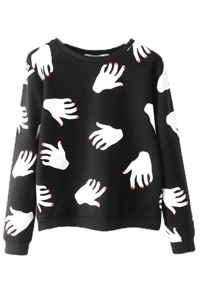 Black Repeated Palm Print Round Neck Pullover Sweatshirt