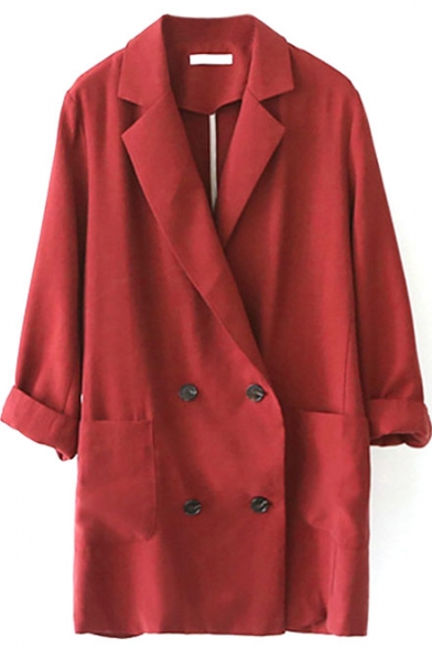 Burgundy Notched Lapel Double Breasted Plain Duster