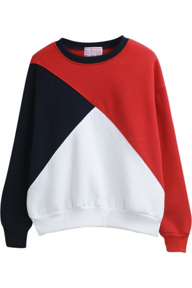 Color Block Patchwork Fleece Round Neck Pullover Sweatshirt ...