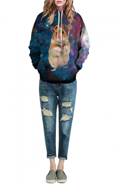 Crown Hamster & Galaxy Print Hooded Long Sleeve Sweatshirt