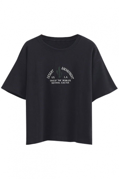 Letter & Cactus Embroidery Short Sleeve Loose Tee