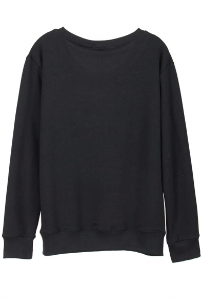 Letter Print Black Pullover Long Sleeve Sweatshirt