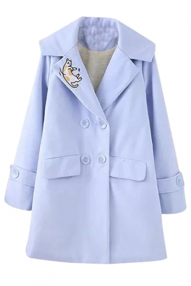 Notched Lapel Cat Embroidery Double Breasted Long Tweed Coat