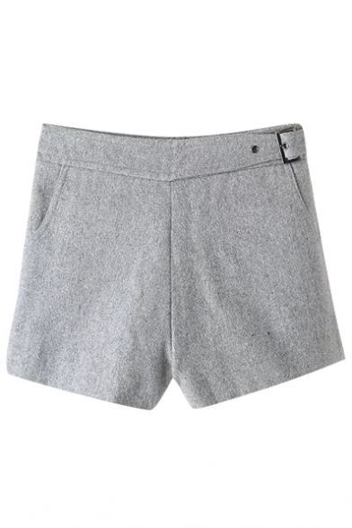 Plain Tweed Zip Side Faux Belt Detail Loose Shorts