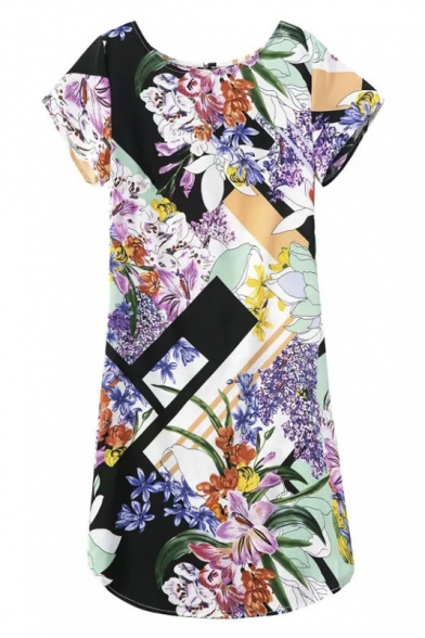 Round Neck Short Sleeve Floral Print Shift Midi Dress